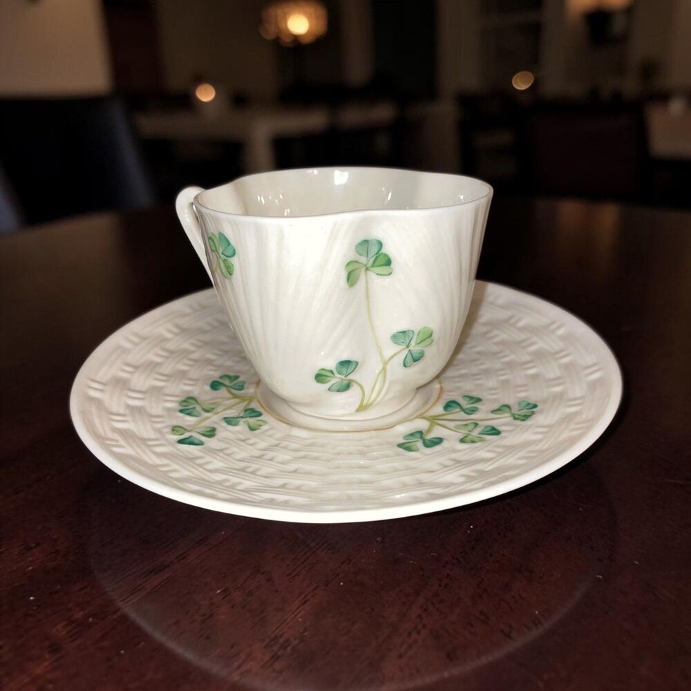 Belleek Ireland Fine Bone China Teacup & Saucer Basketweave Shamrock 1926-1946